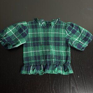 NWT JANIE and JACK Girls Size 3 Merry & Bright Green/Blue Plaid Puff Sleeve Top